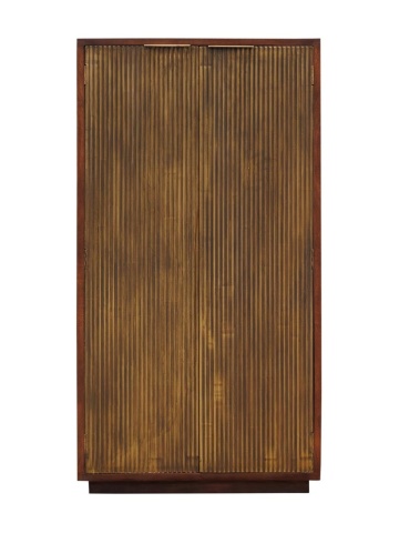 Dulap din lemn de mango și alamă, maro și auriu, cu 2 uși canelate, 3 rafturi și mânere subțiri, pe soclu, 150 x 80 x 43 cm, „Saigon”