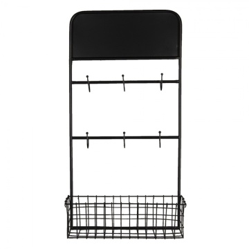 Etajeră cu cuier de perete, din metal, negru, cu 6 agățători și coș din sârmă, 75 x 39 x 12 cm, „Virelle”