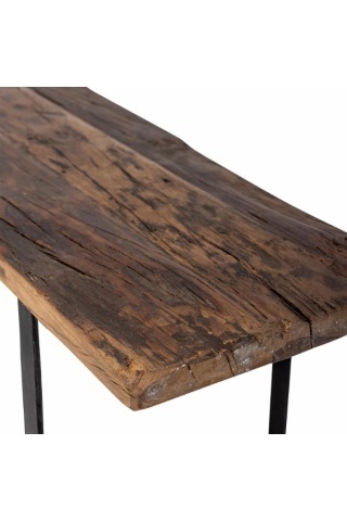 Etajeră de perete din lemn reciclat, maro, cu 2 rafturi și suporturi din fier, aspect rustic, finisaj ceruit, 53 x 140 x 25,5 cm, „Tallymay” - Img 4