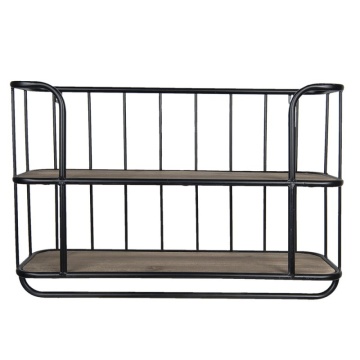 Etajeră de perete din metal și lemn, negru, cu 2 rafturi și galerie din bare verticale, 44 x 66 x 20 cm, „Vernelle”