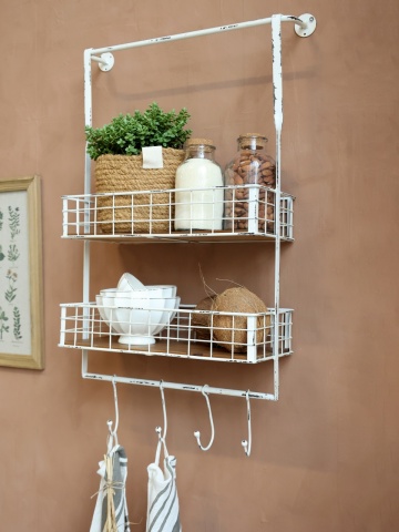 Etajeră de perete vintage din metal și lemn, crem, cu 2 rafturi și 4 agățători, 76,5 x 48 x 18 cm, „Lisette” - Img 4