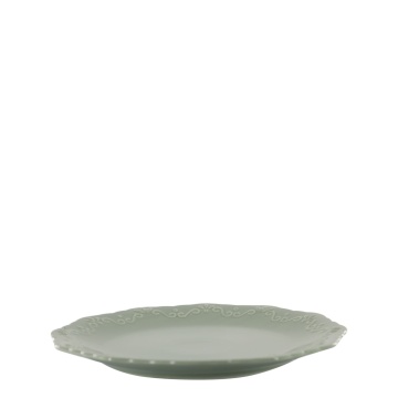 Farfurie întinsă din porțelan verde mentă, D27 cm, model dantelă în relief, „Provence"