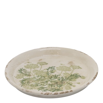 Farfurie pentru ghiveci din ceramică cu imprimeu floral verde, finisaj antichizat, H2,5/D23,5 cm, „Laval”