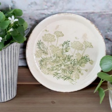 Farfurie pentru ghiveci din ceramică cu imprimeu floral verde, finisaj antichizat, H2,5/D23,5 cm, „Laval” - Img 2