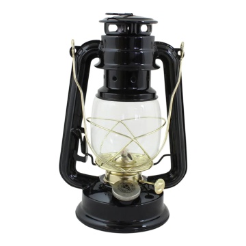 Felinar vintage negru cu petrol, din metal și sticlă, cu detalii aurii, capac de siguranță și fitil inclus, „Hurricane Lantern Black Small"