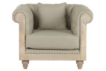 Fotoliu Chesterfield verde salvie din stofă și iută, cu structură din lemn masiv de mango, 101×90×79 cm, „Kensington" - Img 3