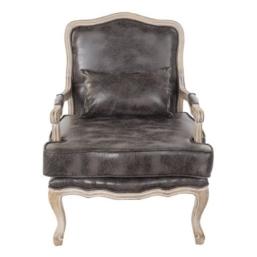 Fotoliu clasic maro din piele ecologică cu aspect vintage, cadru din lemn de cauciuc, stil Louis XV, 70 x 66 x 94 cm, „Lavigne”