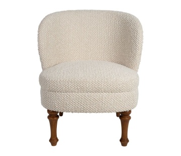Fotoliu crem pentru living, în stil French Country, din stofă bouclé, cu picioare strunjite din lemn de cauciuc, 65×67×76 cm, „Claudine”