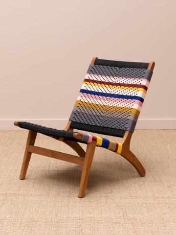 Fotoliu de relaxare în stil etnic, multicolor, din textil împletit în dungi galbene și albastre, cu cadru din lemn de tec, 60×80×81 cm, „Aguayo” - Img 3
