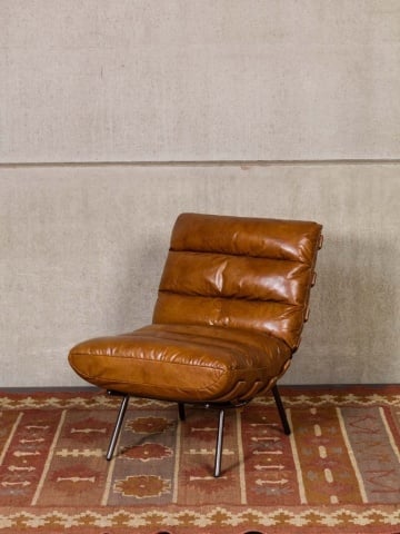 Fotoliu lounge din piele naturală top grain cognac cu structură din stejar și metal, „Spinal” - Img 5