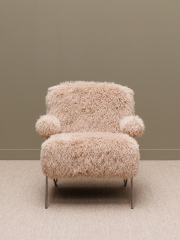 Fotoliu lounge pufos bej din stofă cu fibră lungă tip Mongolian fur cu structură din oțel, „Paddy” - Img 4