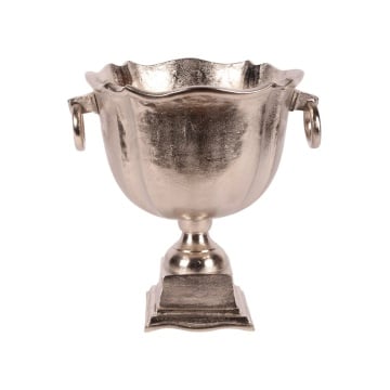 Frapieră pe picior pentru vin și șampanie din aluminiu, argintie, în formă de cupă, pentru 3 sticle, cu margine ondulată și mânere, finisaj nichelat, 35 x 37 x 30 cm, „Champenoise”