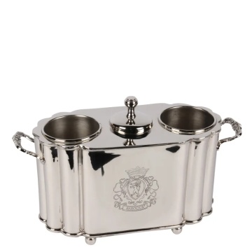 Frapieră pentru vin și șampanie din alamă lucrată manual, argintie, pentru două sticle, cu compartiment cu capac și blazon gravat, aspect vintage, finisaj nichelat, 24 x 38 x 15 cm, „Sheffield”