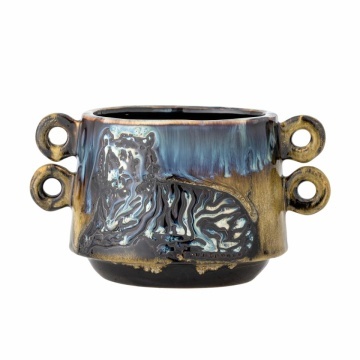 Ghiveci decorativ din ceramică, multicolor, model tigru în relief, mânere laterale, glazură reactivă în nuanțe de albastru și auriu, 15 x 18 cm, „Walton”