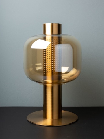 Lampă de masă aurie din sticlă și metal, 41×22 cm, „Tuba" - Img 4