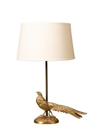 Lampă de masă din bumbac bej, cu structură din alamă aurie în formă de fazan, finisaj vintage, 48×30 cm, „Pheasant"