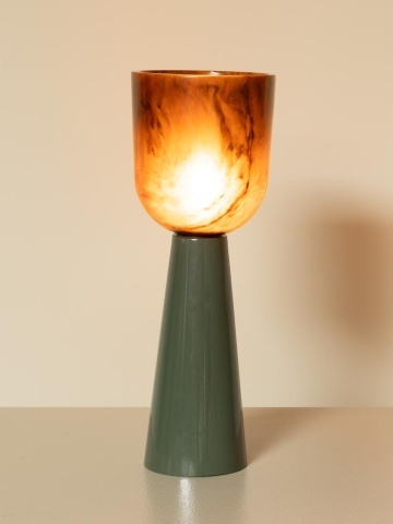 Lampă de masă din rășină maro cu structură din metal kaki, abajur în formă de cupă, finisaj lucios, 48×14 cm, „Velaro" - Img 3