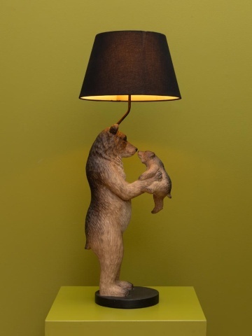 Lampă de masă din rășină maro, urs cu pui, abajur din bumbac negru, finisaj patinat, 93 x 36 cm, „Grizzly” - Img 3