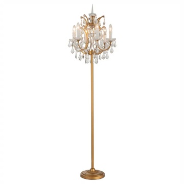Lampadar din metal, auriu, cu 6 brațe tip lumânare și cristale din sticlă, 175 x 45 cm, „Memphis”