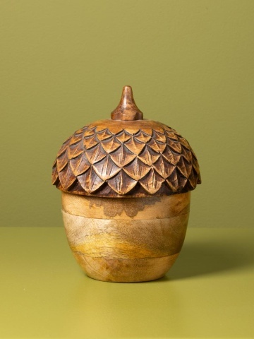 Lumânare decorativă din lemn de mango și ceară, maro, în formă de ghindă cu capac sculptat, 2 fitiluri, finisaj natural, 16,5 x 15 cm, „Tonka” - Img 3