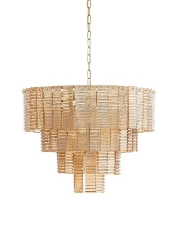 Lustră din sticlă și alamă aurie cu structură piramidală și elemente din sticlă suspendate în cascadă, 53 × 65 cm, „Versalia"