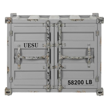 Masă consolă industrială din metal, gri, cu 2 uși, sertar, suporturi pentru sticle și colțare metalice, finisaj antichizat, 64 x 77 x 41 cm, „Cargo”