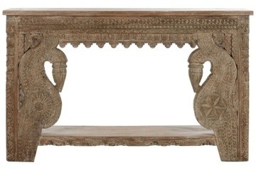 Masă consolă sculptată din lemn, natur, cu raft, două păsări stilizate sub friză și margine cu festoane, 91 x 148 x 38 cm, „Imperial”