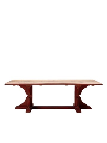 Masă de dining din lemn reciclat, cu blat patinat natur și bază sculptată roșu cărămiziu, finisaj vintage, 240×100×76 cm, „Redwood" - Img 1