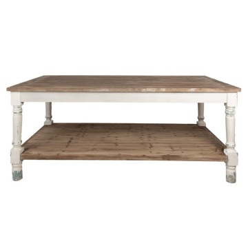 Masă de prezentare shabby chic din lemn, natur, cu raft inferior și picioare strunjite, finisaj alb antichizat, 85 x 200 x 100 cm, „Clarisse”