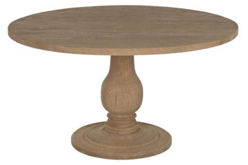 Masă dining rotundă din lemn de mango, natur, 6 locuri, cu picior central strunjit, 76 x 140 cm, „Orly”
