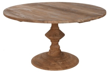 Masă dining rotundă din lemn de tec reciclat, natur, 6 locuri, cu picior central strunjit pe bază circulară, 75 x 140 cm, „Mireille”