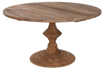 Masă dining rotundă din lemn de tec reciclat, natur, 6 locuri, cu picior central strunjit pe bază circulară, 75 x 140 cm, „Mireille”