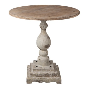 Masă dining rotundă din lemn, natur, 2 locuri, cu picior central strunjit, finisaj antichizat, 82 x 80 cm, „Célestine”