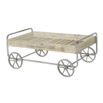 Măsuță de cafea cu roți, din lemn de molid și metal, natur și gri, cu blat tip tavă, finisaj rustic, 46 x 110 x 67 cm, „Ravelo” – Ethnic Collections