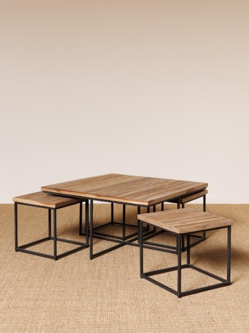 Măsuță de cafea cu scaune, pătrată, din lemn de tec, natur, set cu 4 taburete și cadru din metal negru, 40 x 90 x 90 cm, „Pocket” - Img 4