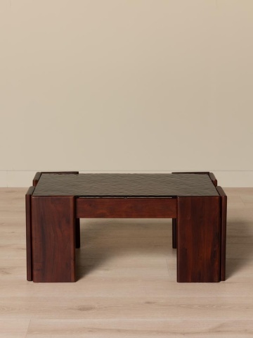 Măsuță de cafea din lemn de acacia, cu blat din sticlă securizată, maro antichizat, finisaj satinat, 80×50.5×35 cm, „Templo" - Img 3