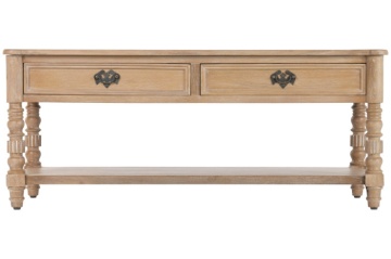 Măsuță de cafea din lemn masiv de mango, finisaj natural maro, 2 sertare și poliță inferioară, 110 x 60 x 45 cm, „Classic" - Img 4