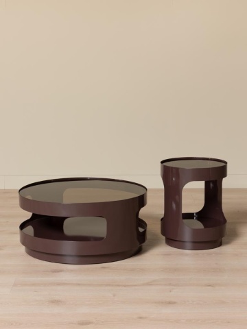 Măsuță de cafea din sticlă și metal, rotundă, cu structură cilindrică și decupaje laterale, maro antichizat, finisaj mat, 70×32 cm, „Onyru" - Img 3