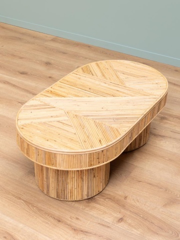 Măsuță de cafea ovală din ratan, natur, cu blat în model geometric și două baze cilindrice, 41 x 109 x 60,5 cm, „Carica” - Img 4