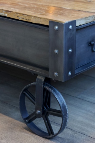 Măsuță de cafea pe roti din metal negru antichizat si blat din lemn masiv natur 122x81x22 cm, stil industrial, „Roulette" - Img 5