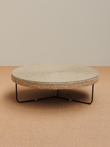 Măsuță de cafea rotundă din iută, natur, cu blat din sticlă și bază din metal negru, finisaj natural, 30 x 103 cm, „Dina” - Img 4