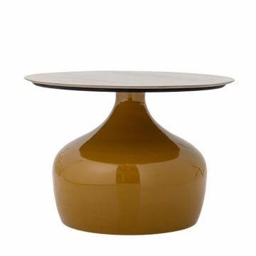 Măsuță de cafea rotundă din metal, galben, blat ceramic, bază sculpturală, finisaj lucios, 41 x 60 cm, „Lecco”