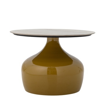 Măsuță de cafea rotundă din metal, galben, cu blat din ceramică efect travertin și bază sculpturală, 41 x 60 cm, „Lecco” - Img 5