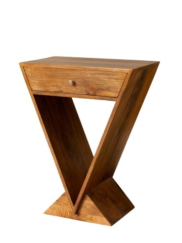 Măsuță laterală din lemn de mango, cu 1 sertar, design geometric, natur, finisaj satinat, 60×35×77 cm, „Penrose" - Img 1