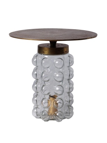 Măsuță laterală iluminată rotundă din metal și sticlă, auriu, cu bază din sticlă cu bule, finisaj antichizat, 45 x 45 cm, „Mirobola”