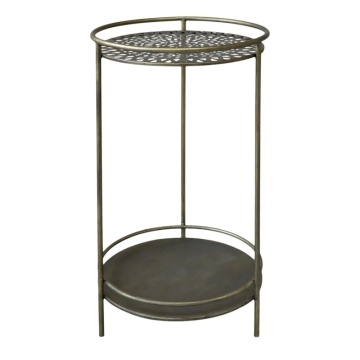 Măsuță laterală înaltă rotundă din metal, auriu, cu blat perforat în model floral și raft-tavă, finisaj antichizat, 74 x 43 cm, „Dentelle”