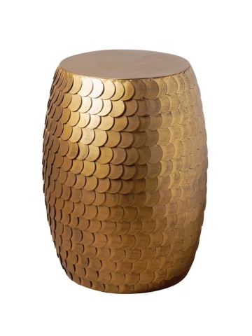 Măsuță laterală rotundă din metal, auriu, în formă de butoi, cu solzi suprapuși, finisaj antichizat, 53 x 30 cm, „Funk”