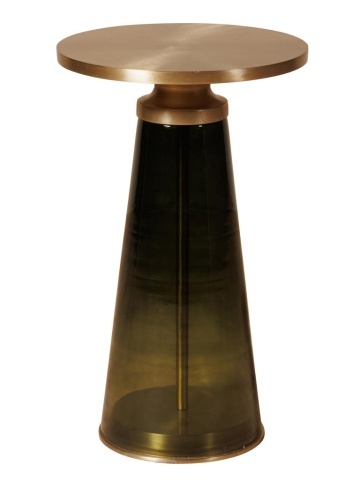Măsuță laterală rotundă din metal și sticlă, auriu, cu bază conică din sticlă verde, 51 x 31 cm, „Precious”
