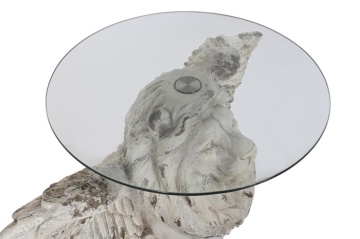 Măsuță laterală sculptată din oxid de magneziu, leu înaripat, blat din sticlă, finisaj gri antichizat, 96 x 62 x 61 cm, „Leon" - Img 3