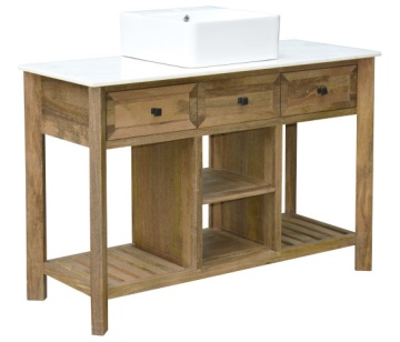 Mobilier de baie din lemn masiv de mango și blat ceramic alb, chiuvetă inclusă, 2 sertare și 2 polițe, 120 x 50 x 82 cm, „Marble" - Img 2